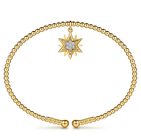 The Bujukan Collection Diamond-Accented Starburst Charm Open Cuff Bangle in 14K Yellow Gold