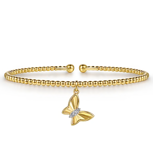 The Bujukan Collection Diamond Butterfly Charm Open Cuff Bangle in 14K Yellow Gold