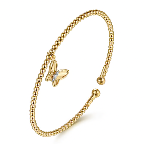 The Bujukan Collection Diamond Butterfly Charm Open Cuff Bangle in 14K Yellow Gold