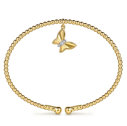The Bujukan Collection Diamond Butterfly Charm Open Cuff Bangle in 14K Yellow Gold