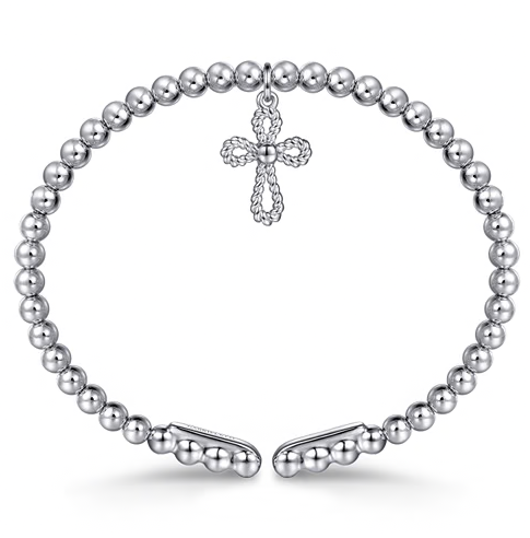 The Bujukan Collection Twisted Rope Cross Charm Open Cuff Bangle in 925 Sterling Silver