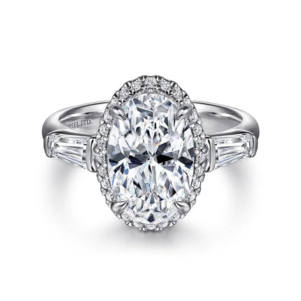 Shimmering Three Stone Halo Diamond Engagement Ring with 3.60 Carats in 18K Gold | Gemma's Jewelers