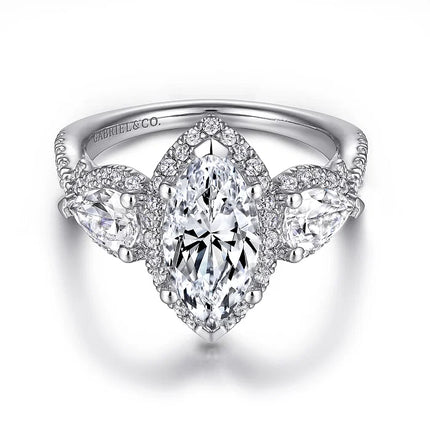 Stunning 3 Stone Marquise Shape Halo Diamond Engagement Ring in 14K Gold | Gemma's Jewelers