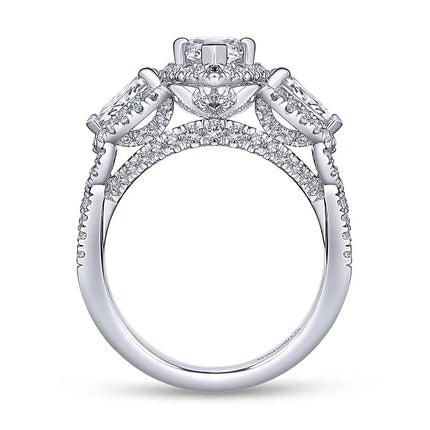 Stunning 3 Stone Marquise Shape Halo Diamond Engagement Ring in 14K Gold | Gemma's Jewelers