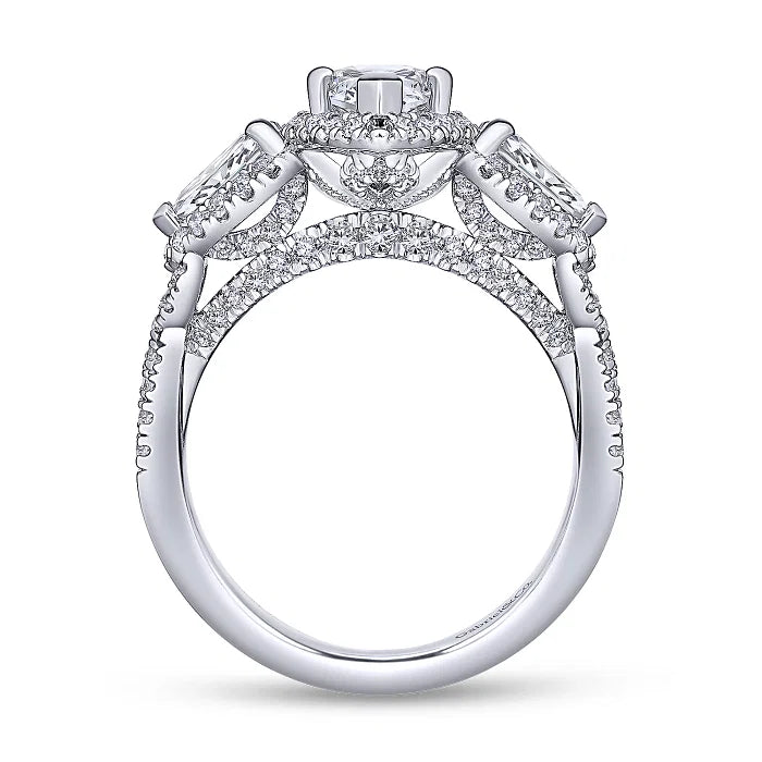 Stunning 3 Stone Marquise Shape Halo Diamond Engagement Ring in 14K Gold | Gemma's Jewelers