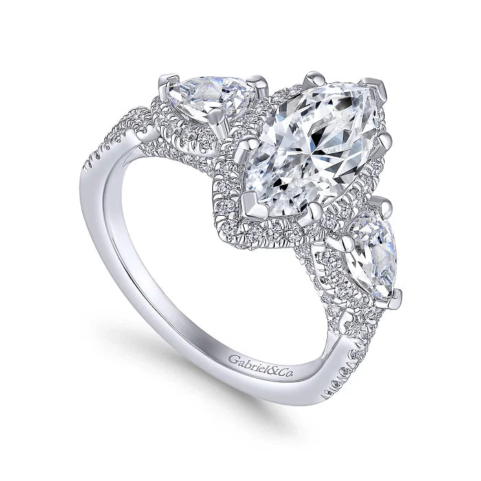Stunning 3 Stone Marquise Shape Halo Diamond Engagement Ring in 14K Gold | Gemma's Jewelers