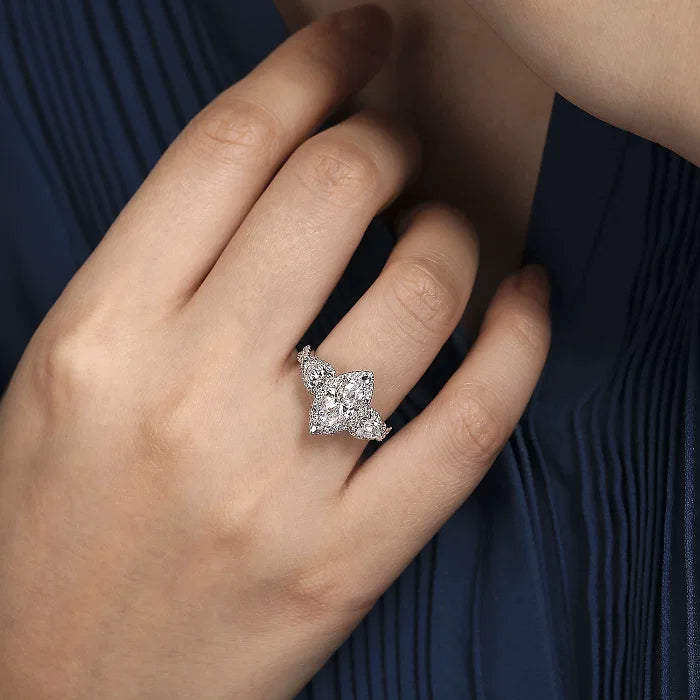 Stunning 3 Stone Marquise Shape Halo Diamond Engagement Ring in 14K Gold | Gemma's Jewelers