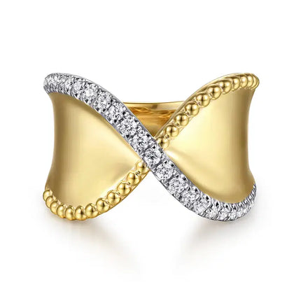 Bujukan Bold - 14K Yellow Gold Bujukan and Diamond Wide Band X Ring