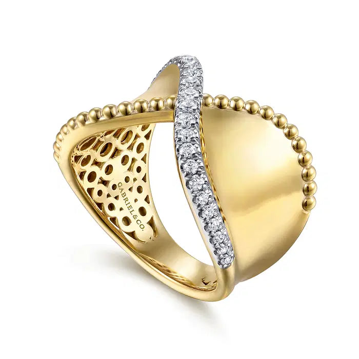 Bujukan Bold - 14K Yellow Gold Bujukan and Diamond Wide Band X Ring