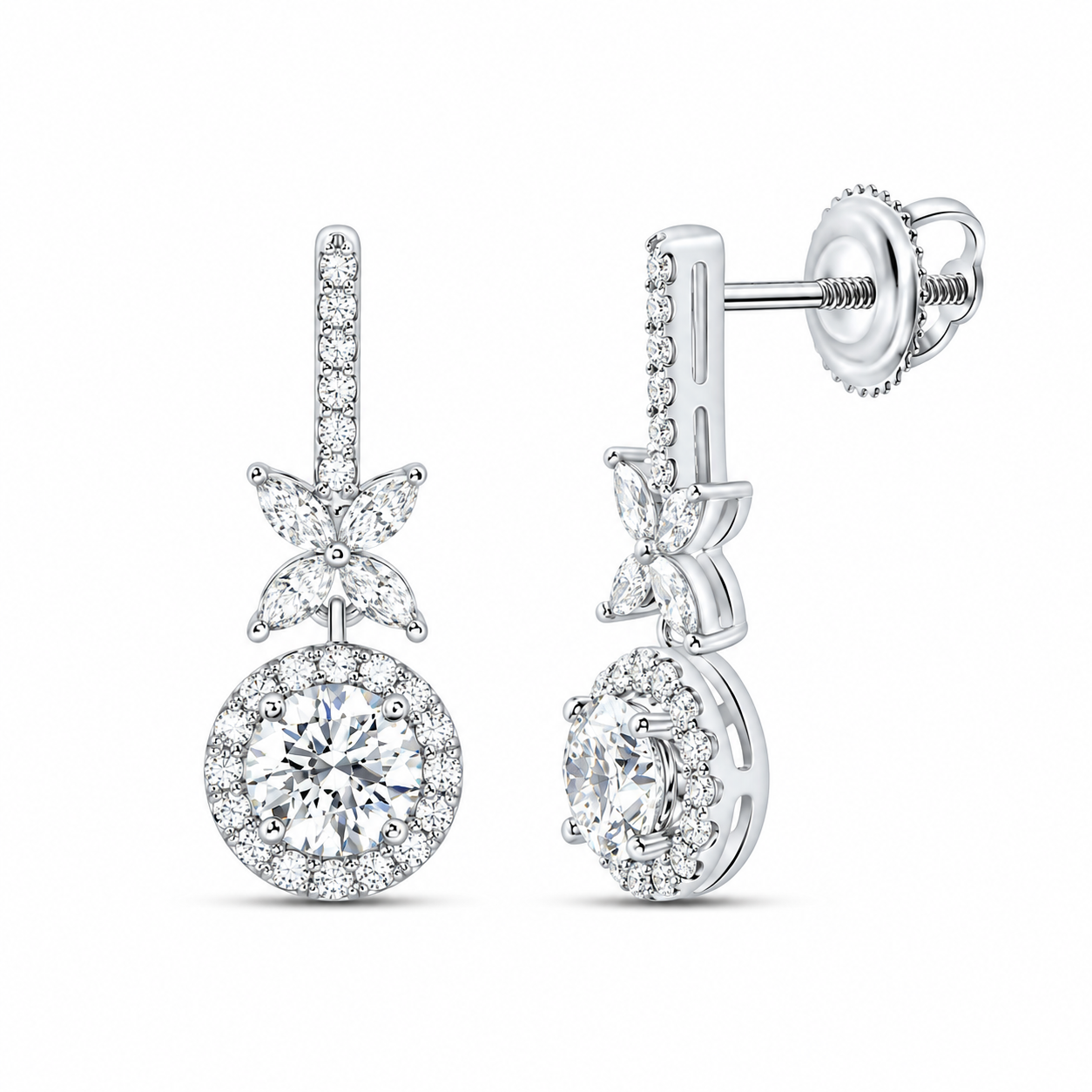 14K White Gold Floral Halo Lab-Grown Diamond Drop Earrings – 1 1/2 CTW
