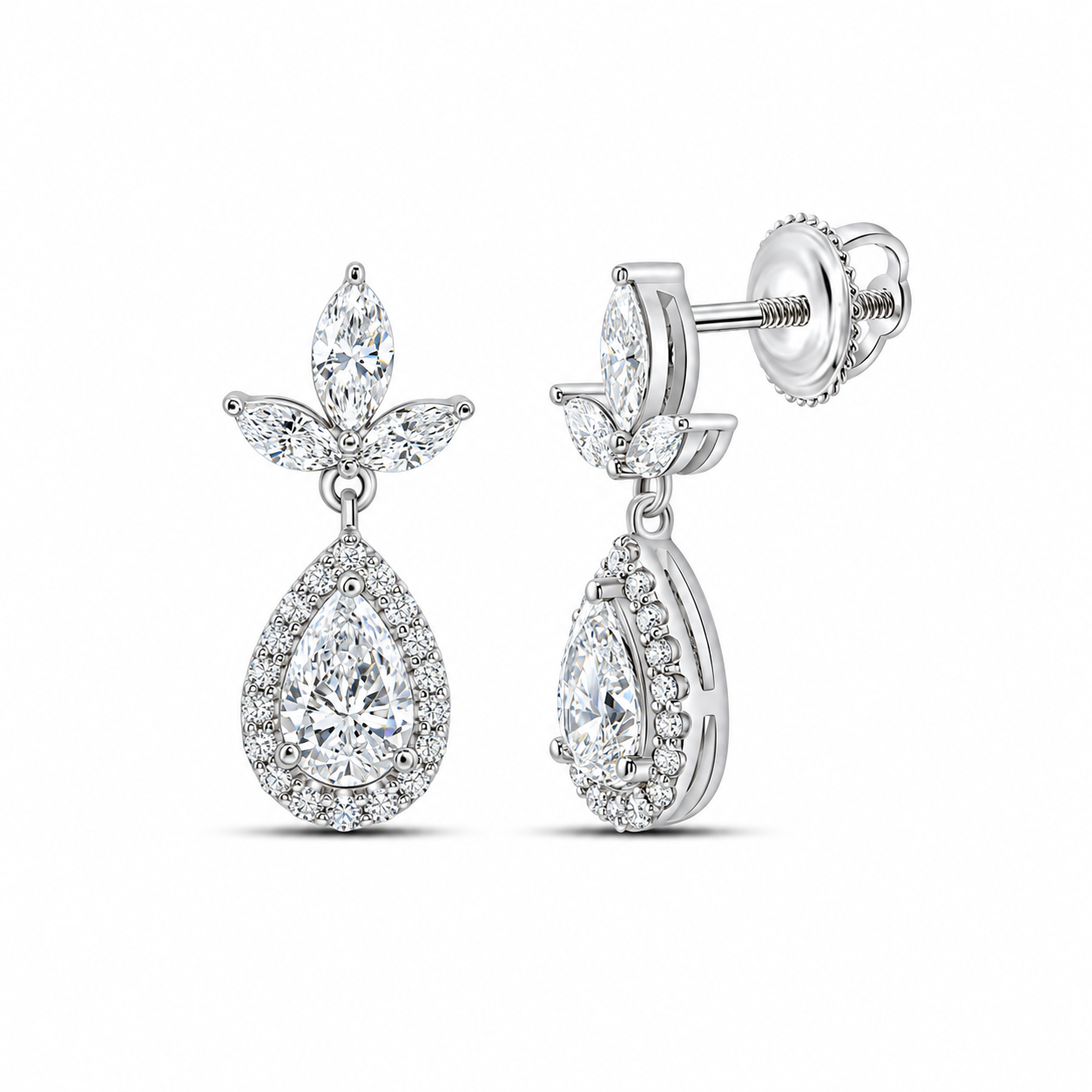 14K White Gold Pear Halo Lab-Grown Diamond Drop Earrings – 1 3/4 CTW