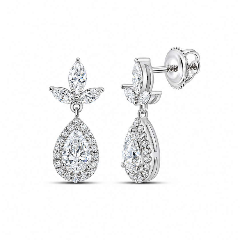 14K White Gold Pear Halo Lab-Grown Diamond Drop Earrings – 1 3/4 CTW