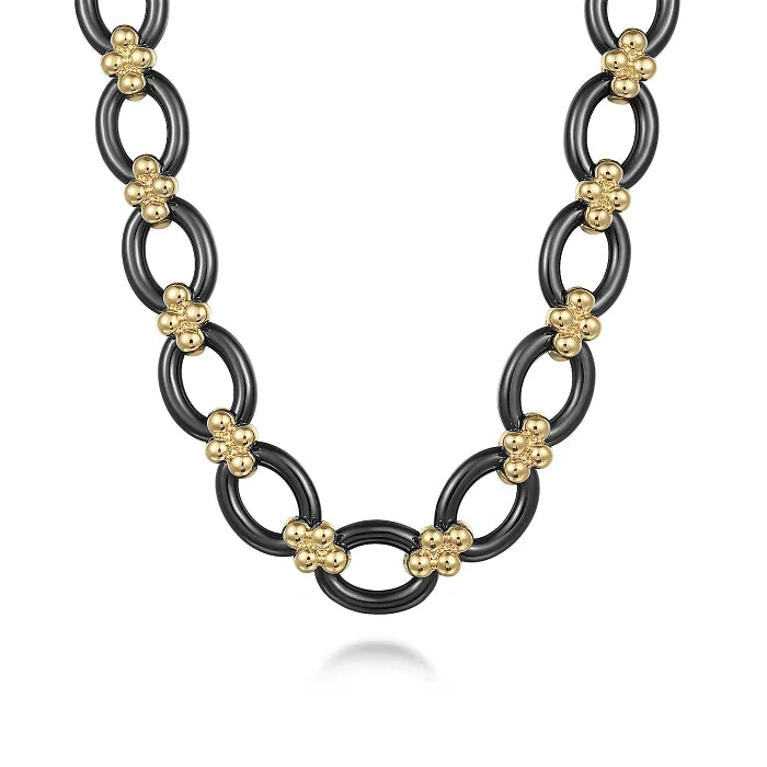 14K Yellow Gold Black Ceramic Oval Link Chain Necklace with Bujukan Connectors