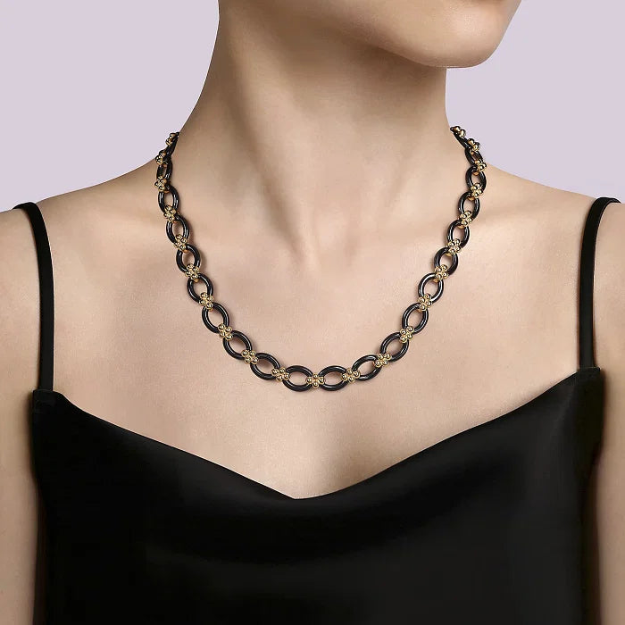 Bold and Fabulous Oval Link Chain Necklace in 14K Yellow Gold Black Ceramic | Gemma's Jewelers