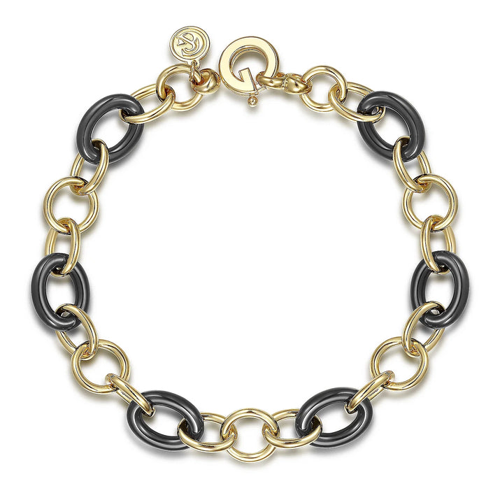 Fashionable 14K Yellow Gold and Black Oval Ceramic Link Chain Bracelet