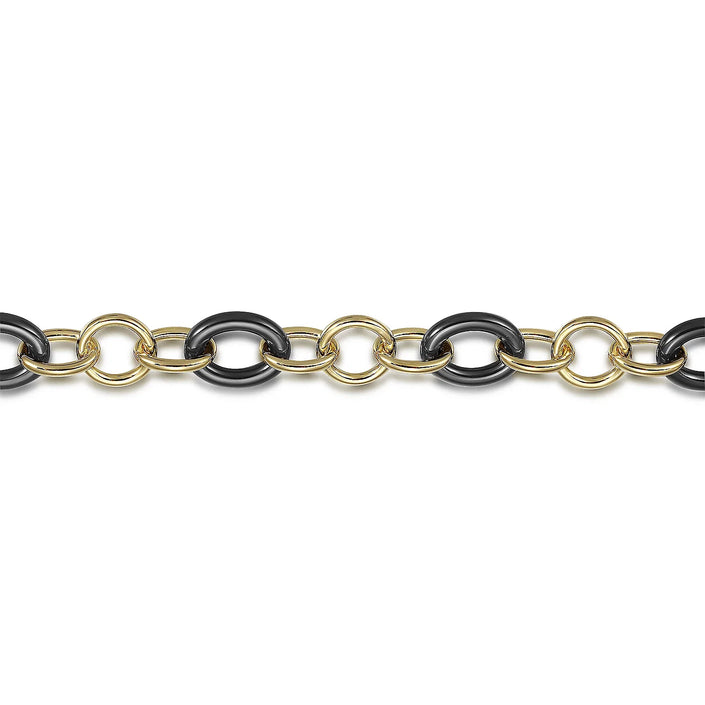 Fashionable 14K Yellow Gold and Black Oval Ceramic Link Chain Bracelet