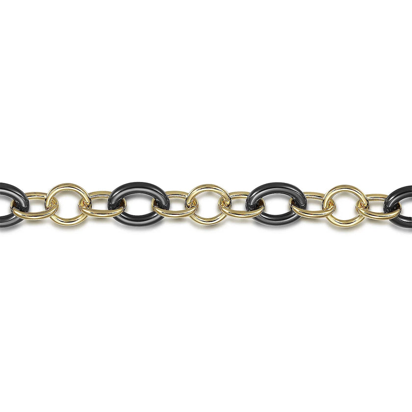 Fashionable 14K Yellow Gold and Black Oval Ceramic Link Chain Bracelet