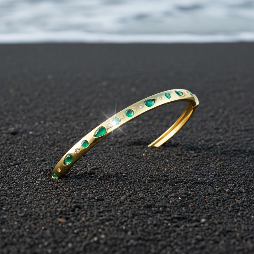 Vintage Inspired Pear Emerald and Diamond Effy Bangle Bracelet in 14K