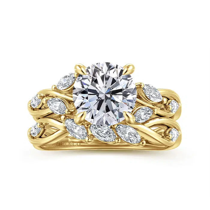 14K Yellow Gold Floral Round Diamond Engagement Ring