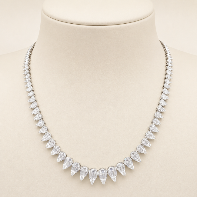 Pear-Shape and Baguettes Graduated Diamond Tennis Necklace in 14K