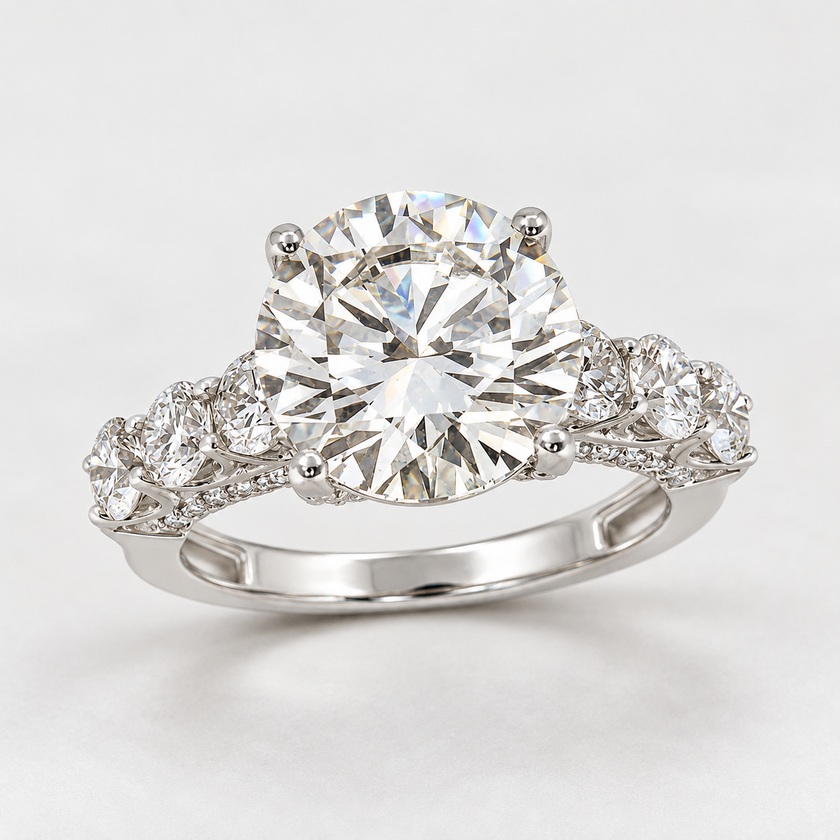 A classic solitaire engagement ring featuring a round brilliant-cut diamond center stone in a four-prong setting, with a split shank adorned with small pavé diamonds, shown on a light gray background.
