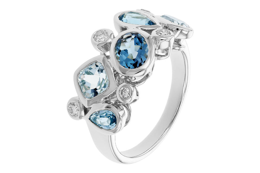 Stunning Modern Design Bezel Set Blue Topaz and Diamond Ring in 14K