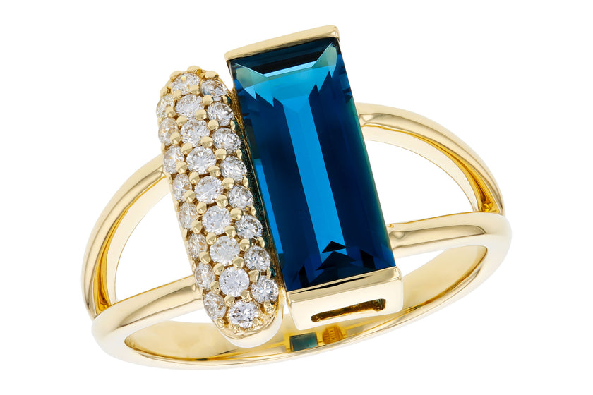 Striking Baguette-Cut London Blue Topaz Ring with Pavé Diamonds in 14K
