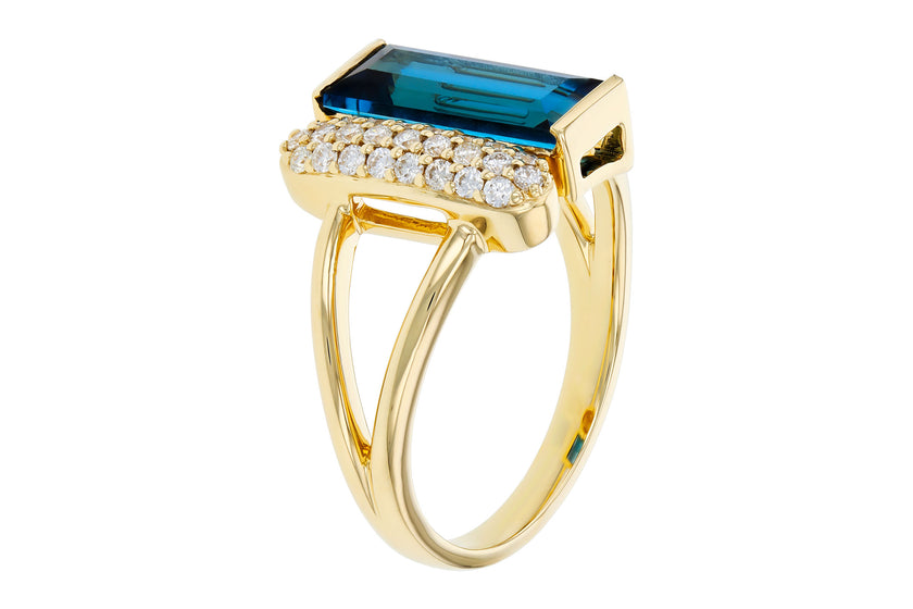 Striking Baguette-Cut London Blue Topaz Ring with Pavé Diamonds in 14K