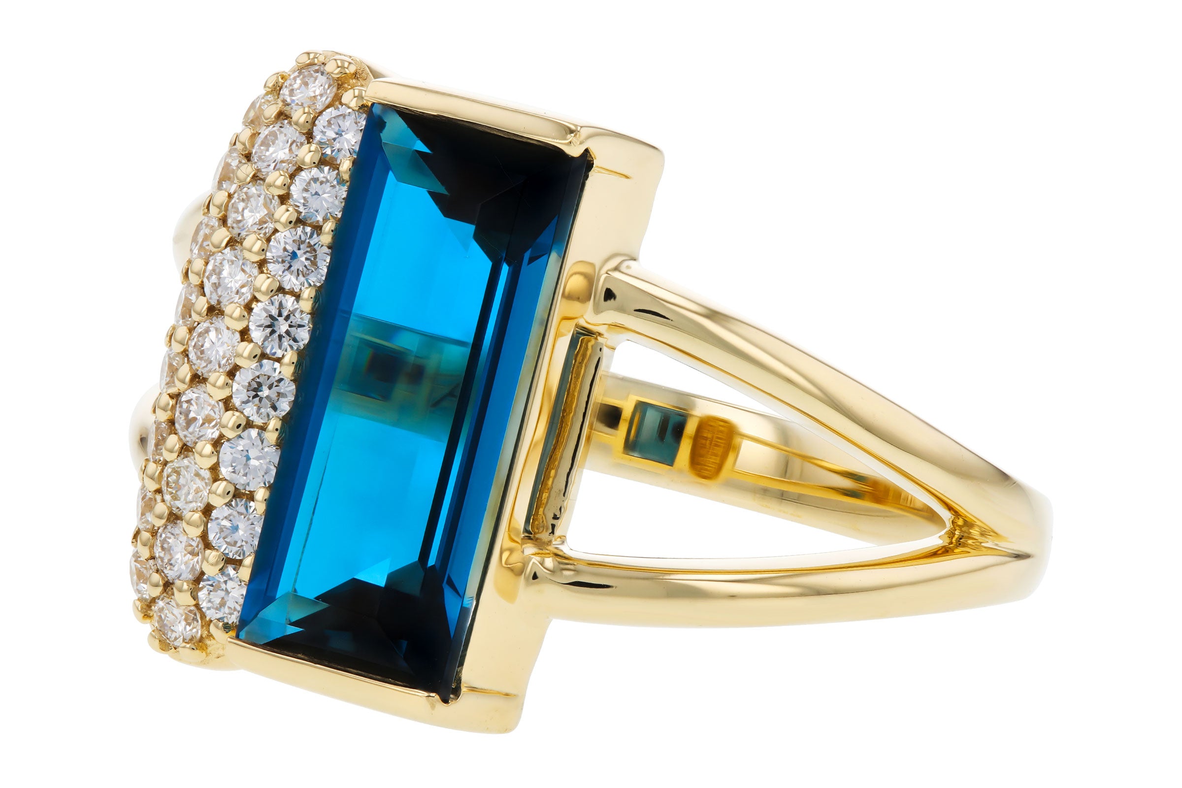 Striking Baguette-Cut London Blue Topaz Ring with Pavé Diamonds in 14K