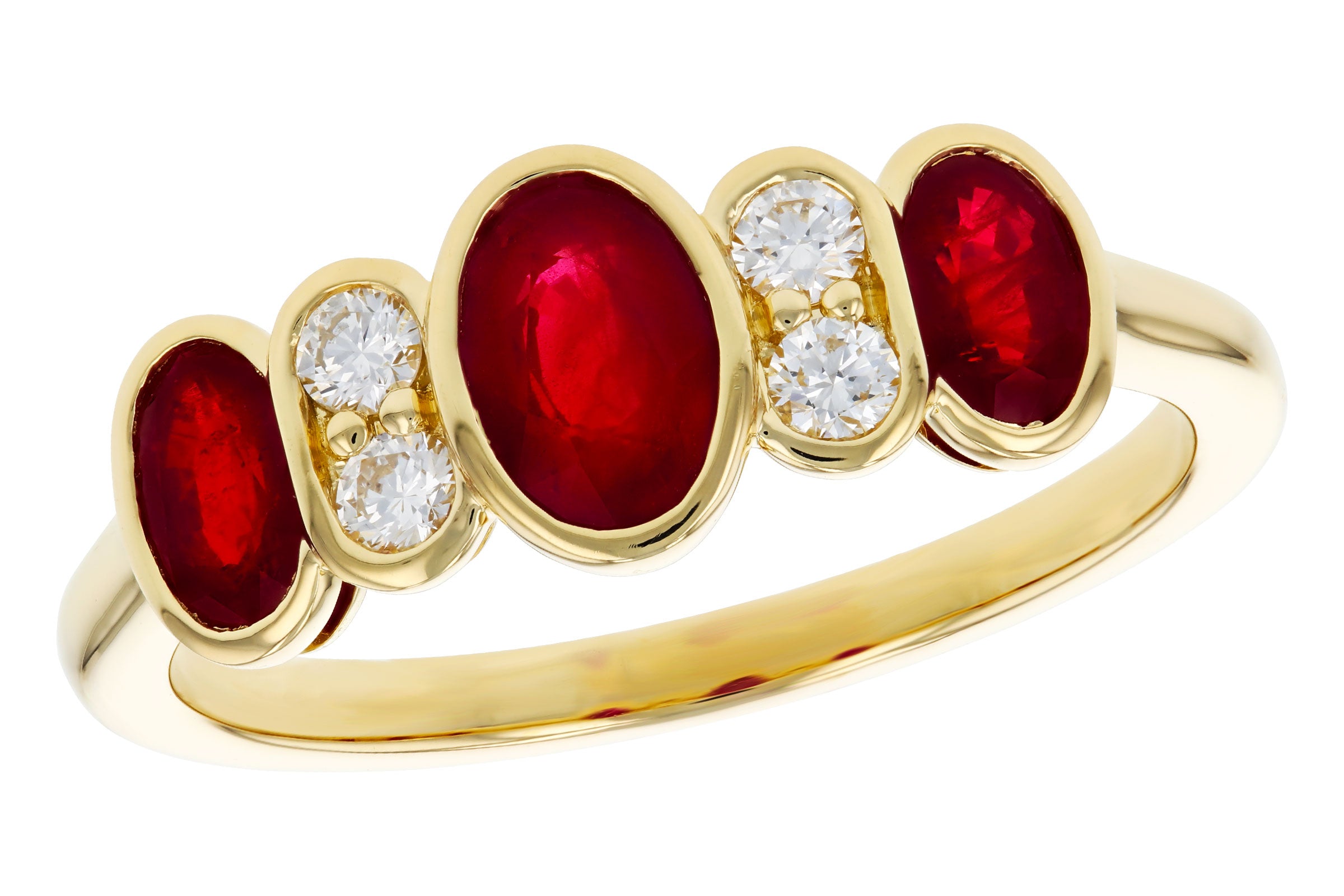 Gorgeous Graduated Oval Ruby & Diamond Bezel Set Band in 14K Gold