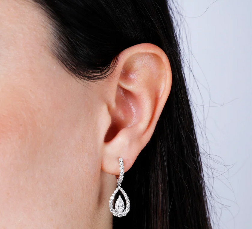 Captivating Pear Ruby and Diamond Halo Drop Earrings in 18K White Gold