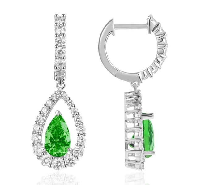 Stunning Pear Emerald and Diamond Halo Drop Earrings in 18K White Gold