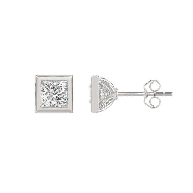 Modern Classic Bezel Set Princess Cut Diamond Stud Earrings 14K