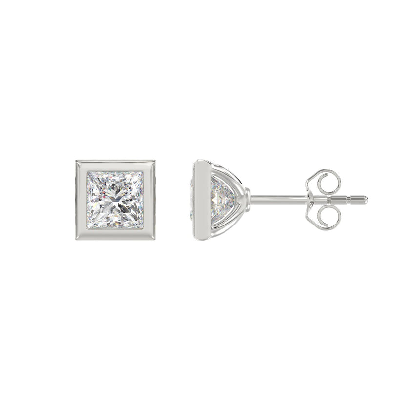 Modern Classic Bezel Set Princess Cut Diamond Stud Earrings 14K