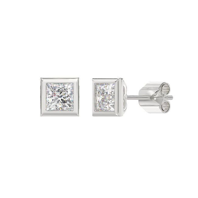 Modern Classic Bezel Set Princess Cut Diamond Stud Earrings 14K