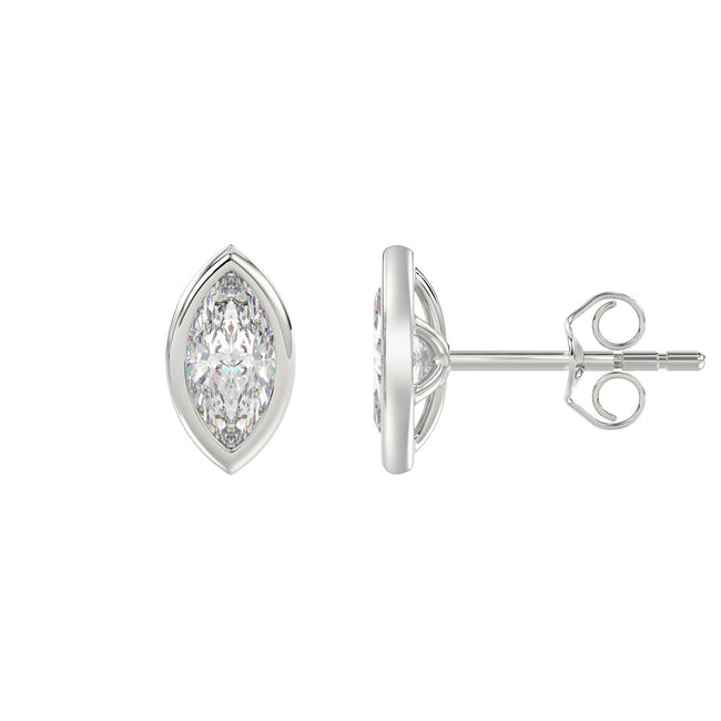 2 Carat Bezel Marquise Cut Diamond Earrings. Crafted with 14k white gold