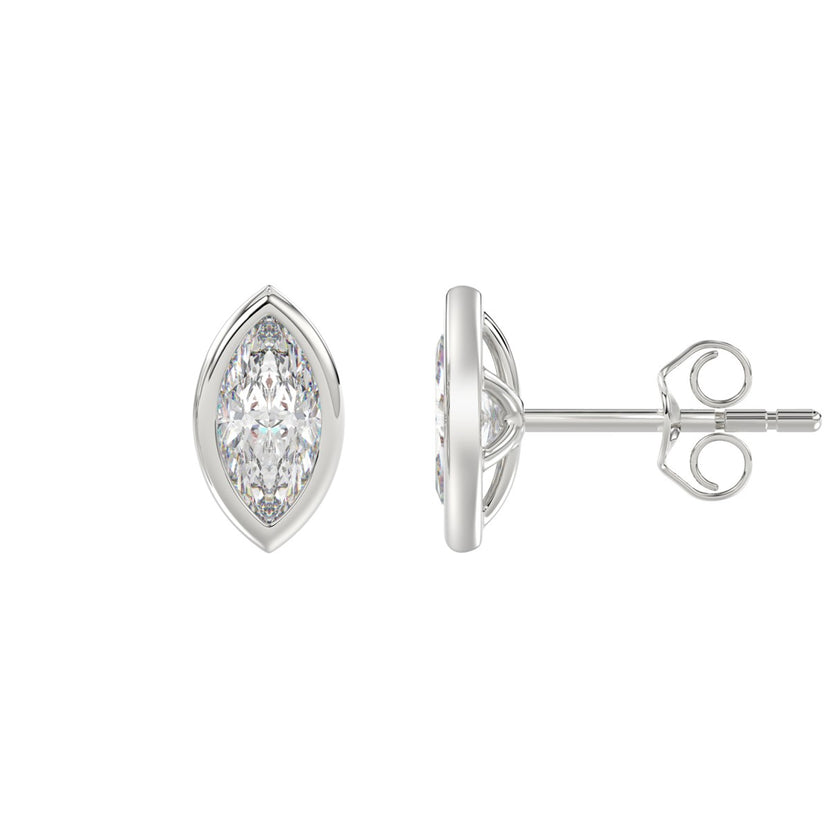  2 Carat Bezel Marquise Cut Diamond Earrings. Crafted with 14k white gold