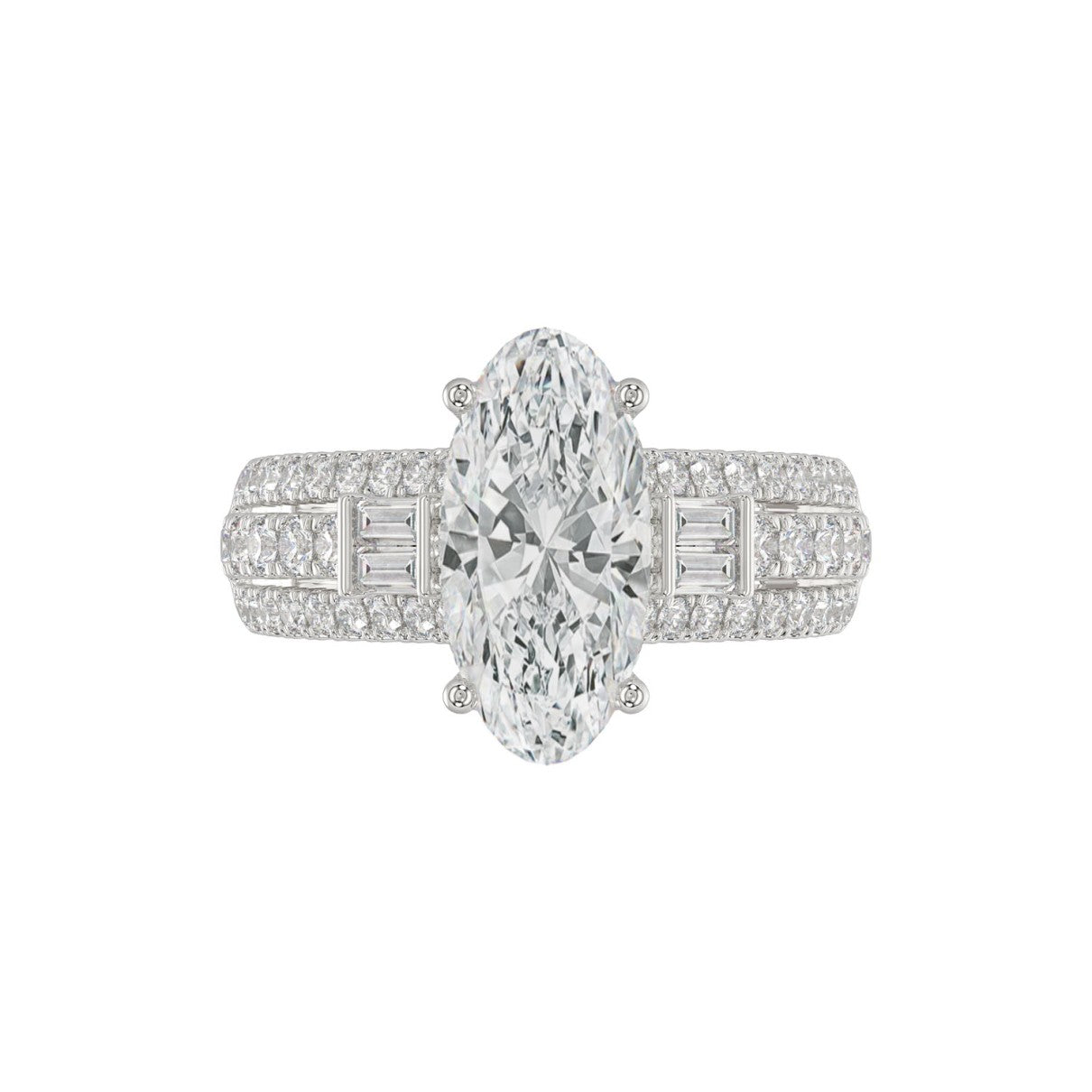 The ring boasts a stunning 4 carats of diamonds, ranging in clarity from F-VS2 and color from G-H, with a magnificent 3 carat oval diamond as the center stone. The metal is a luxurious white platinum, and this elegant ring is designed for ladies who appreciate art and literature.