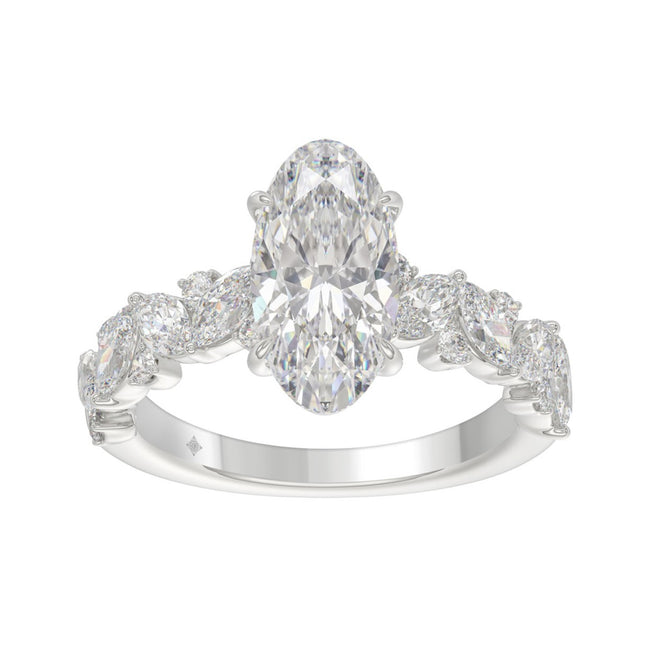 3ct Diamond Engagement Ring 2ct Elongated Oval Center With Marquise & Round Side Stones 14KW Gold