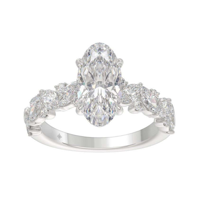 3ct Diamond Engagement Ring 2ct Elongated Oval Center With Marquise & Round Side Stones 14KW Gold