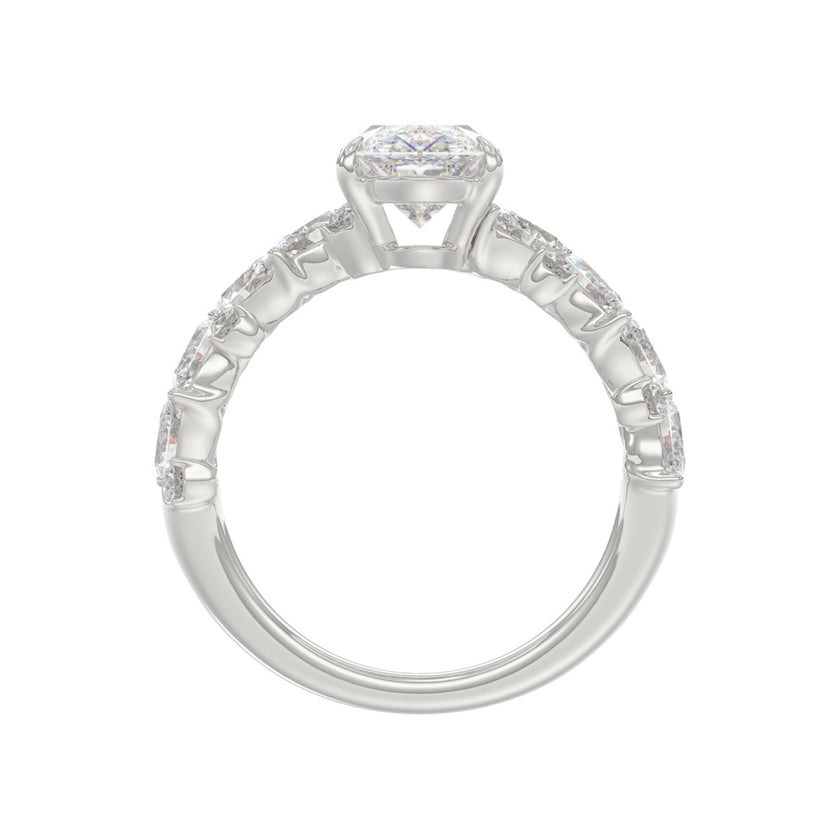 3ct Diamond Engagement Ring 2ct Elongated Oval Center With Marquise & Round Side Stones 14KW Gold