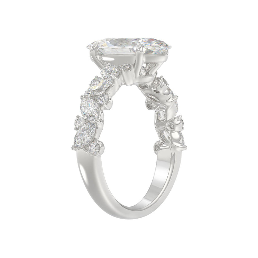 3ct Diamond Engagement Ring 2ct Elongated Oval Center With Marquise & Round Side Stones 14KW Gold