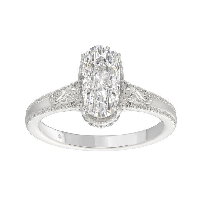 2 1/6 CTW Elongated Cushion Cut Lab-Grown Diamond Engagement Ring in 14K White Gold with Vintage Milgrain & Filigree Band (2ct Center)
