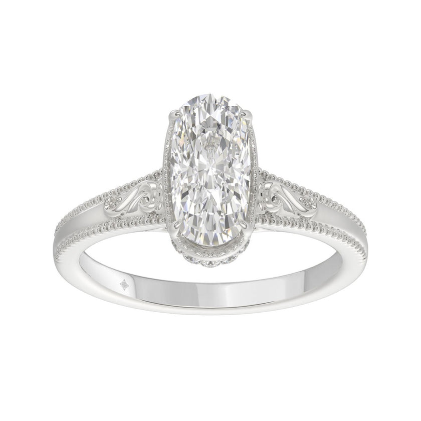 2 1/6 CTW Elongated Cushion Cut Lab-Grown Diamond Engagement Ring in 14K White Gold with Vintage Milgrain & Filigree Band (2ct Center)