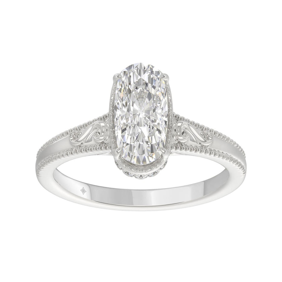 2 1/6 CTW Elongated Cushion Cut Lab-Grown Diamond Engagement Ring in 14K White Gold with Vintage Milgrain & Filigree Band (2ct Center)