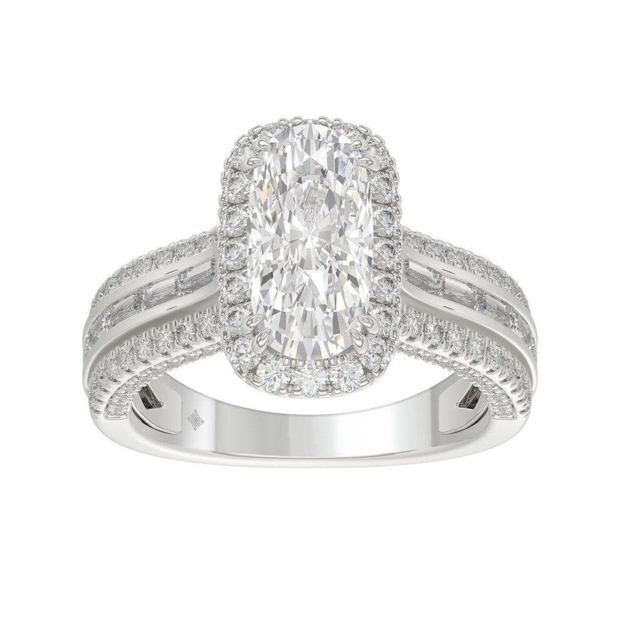 3.00 CTW Elongated Cushion Cut Lab-Grown Diamond Halo Engagement Ring in 14K White Gold with Channel Baguette & Pavé Band (2ct Center)
