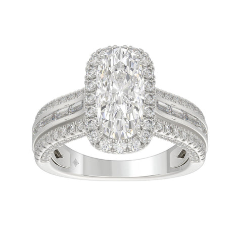 3.00 CTW Elongated Cushion Cut Lab-Grown Diamond Halo Engagement Ring in 14K White Gold with Channel Baguette & Pavé Band (2ct Center)