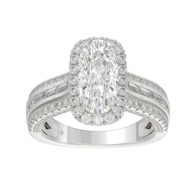 3.00 CTW Elongated Cushion Cut Lab-Grown Diamond Halo Engagement Ring in 14K White Gold with Channel Baguette & Pavé Band (2ct Center)