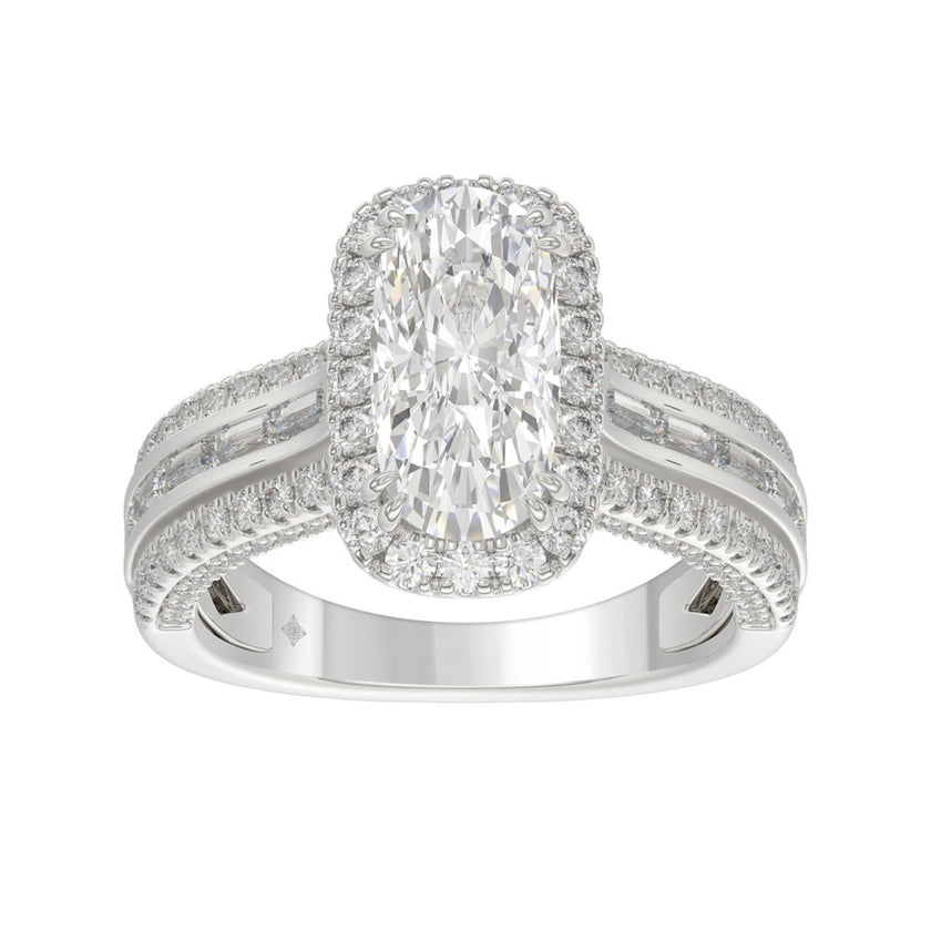 3.00 CTW Elongated Cushion Cut Lab-Grown Diamond Halo Engagement Ring in 14K White Gold with Channel Baguette & Pavé Band (2ct Center)