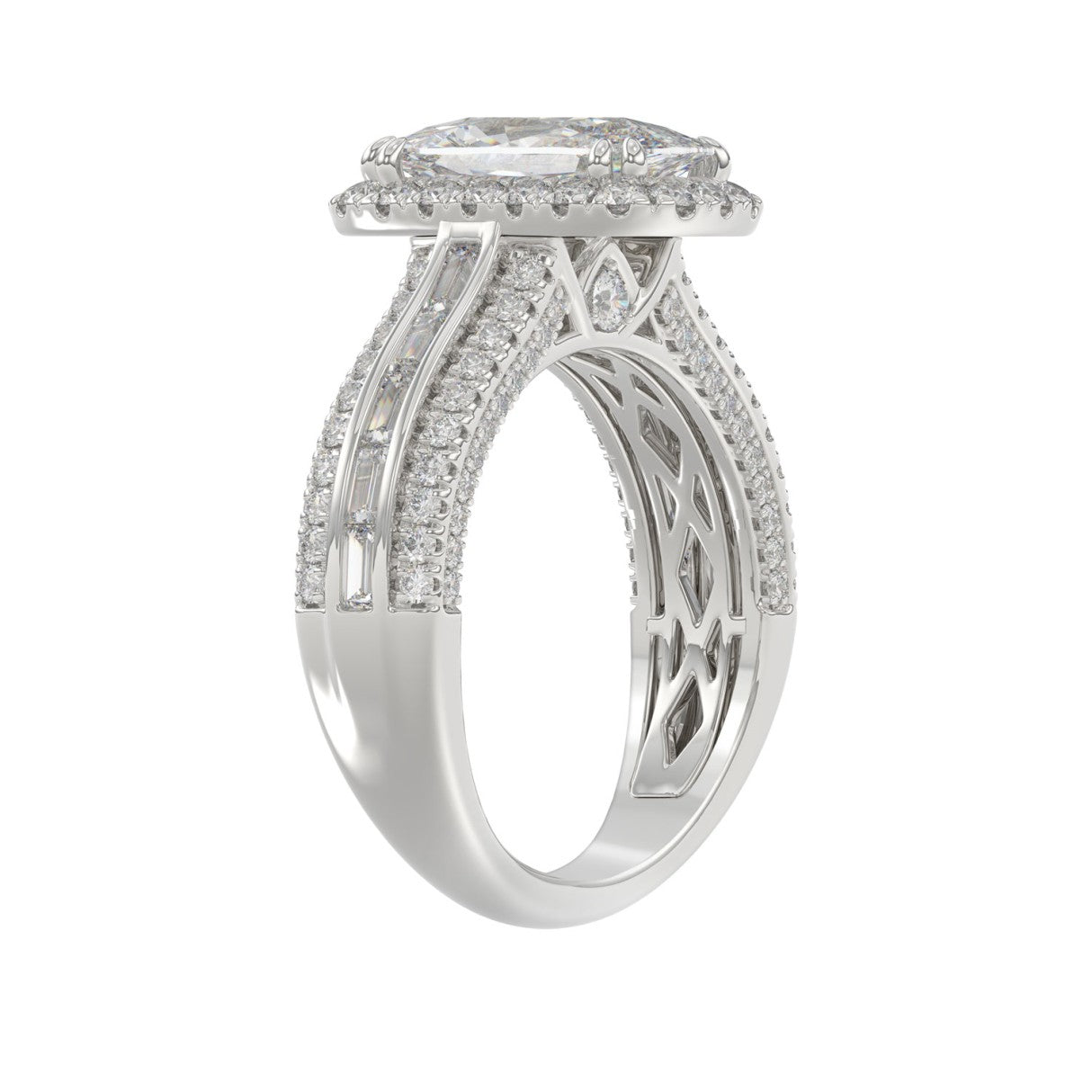 3.00 CTW Elongated Cushion Cut Lab-Grown Diamond Halo Engagement Ring in 14K White Gold with Channel Baguette & Pavé Band (2ct Center)